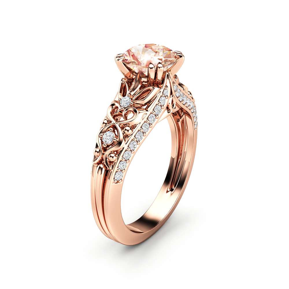 Peach Sapphire Engagement Ring 14K Rose Gold Ring Unique Promise Ring Art Deco Engagement Ring